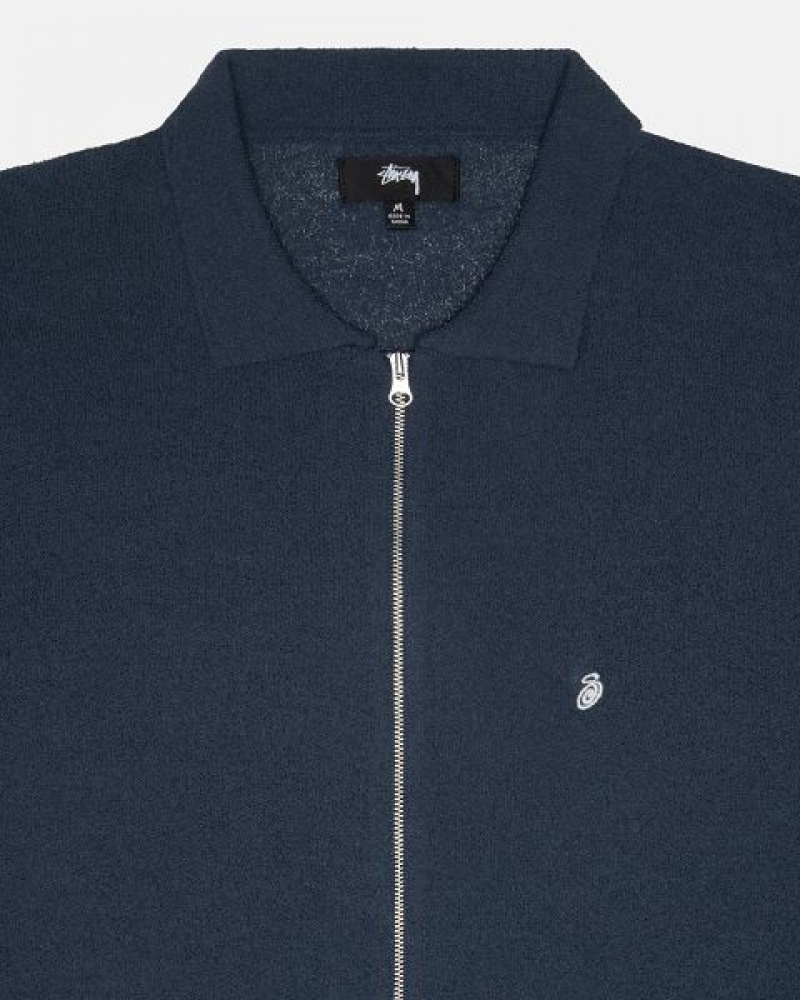 Navy Stussy Light Weight Ls Zip Polo Shirts | 8729GVCPB