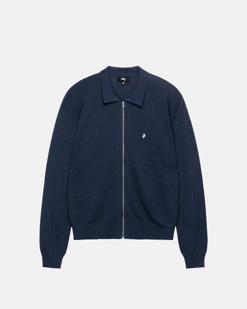 Navy Stussy Light Weight Ls Zip Polo Shirts | 8729GVCPB