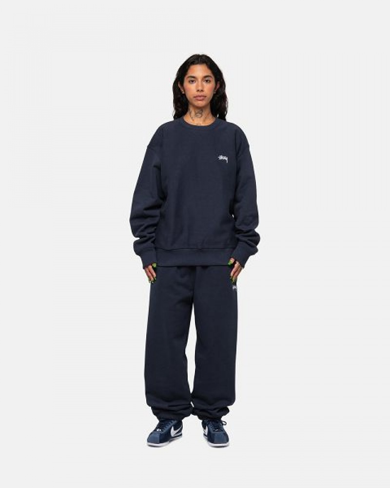 Navy Stussy Stock Logo Crew Sweatshirts | 8024PAKCY