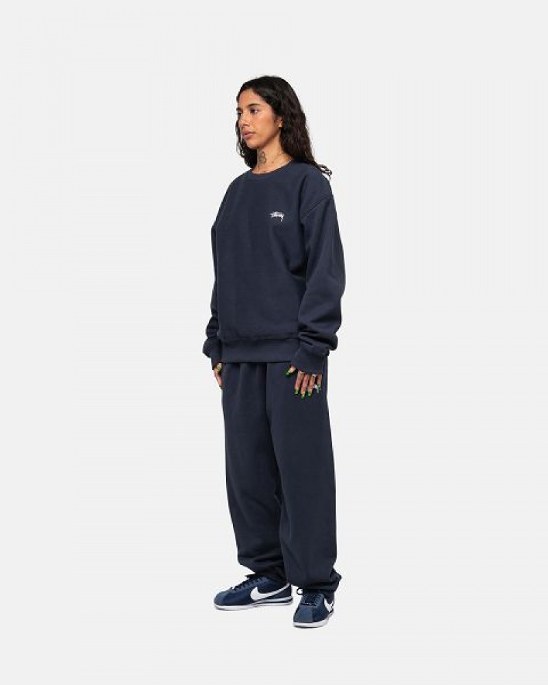 Navy Stussy Stock Logo Crew Sweatshirts | 8024PAKCY