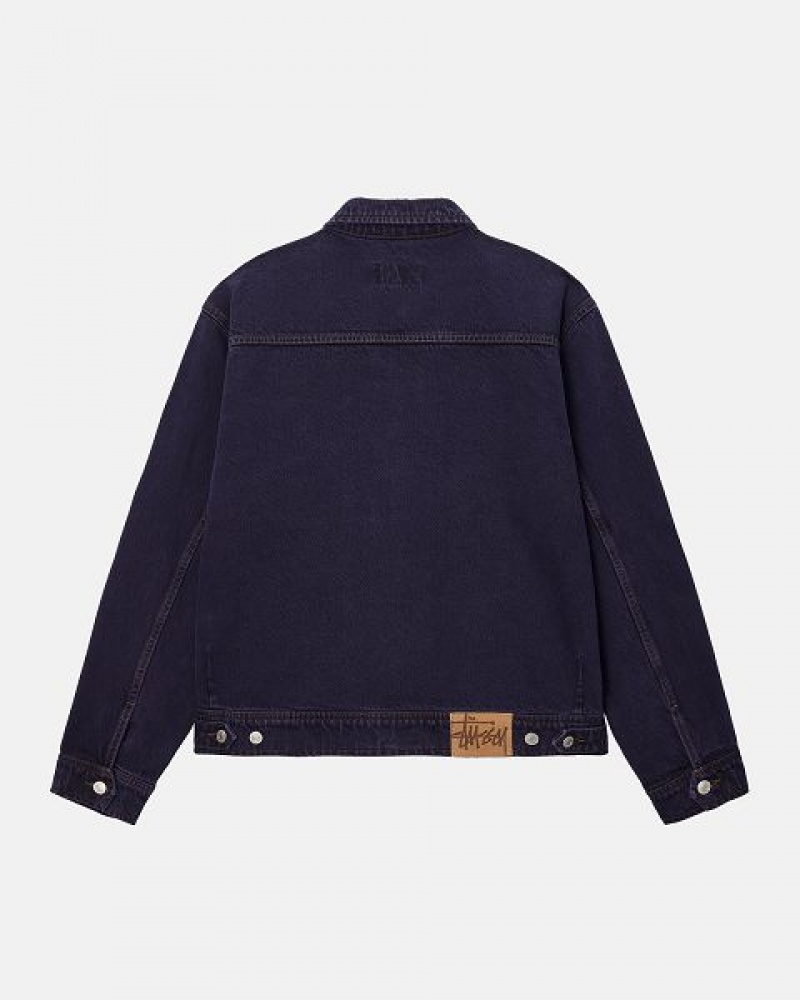 Navy Stussy Zip Work Denim Jackets | 0461GQTPO