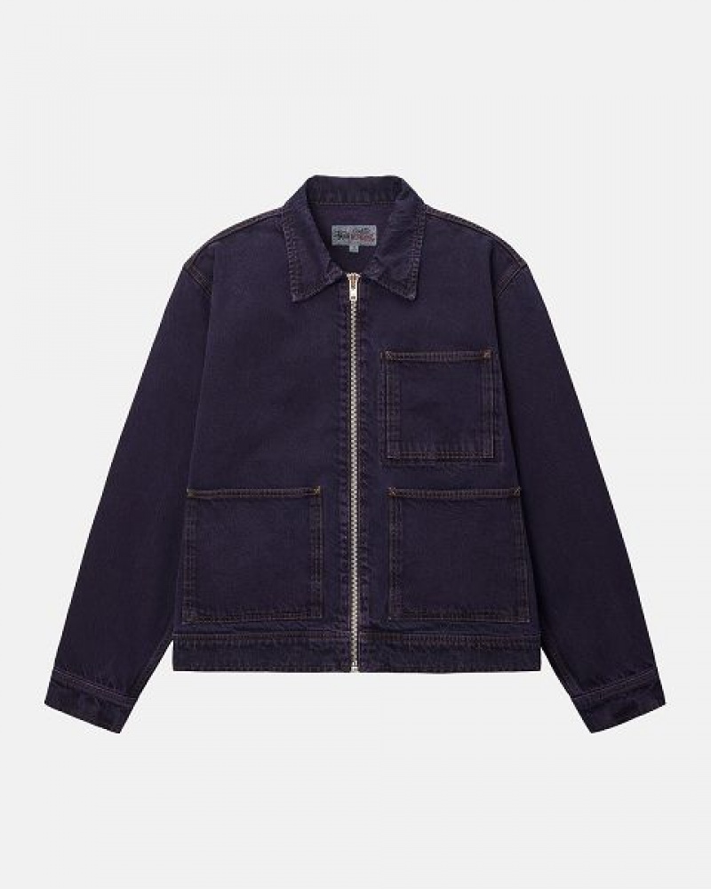 Navy Stussy Zip Work Denim Jackets | 0461GQTPO