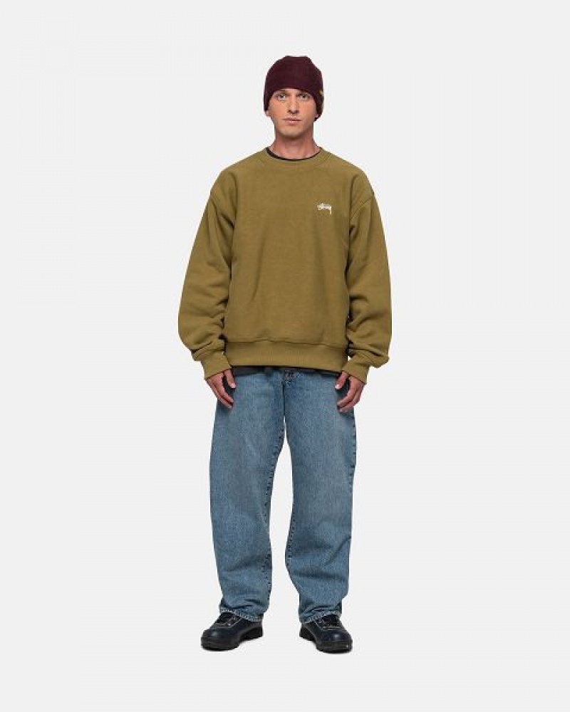 Olive Stussy Stock Logo Crew Sweatshirts | 2071YLEFO