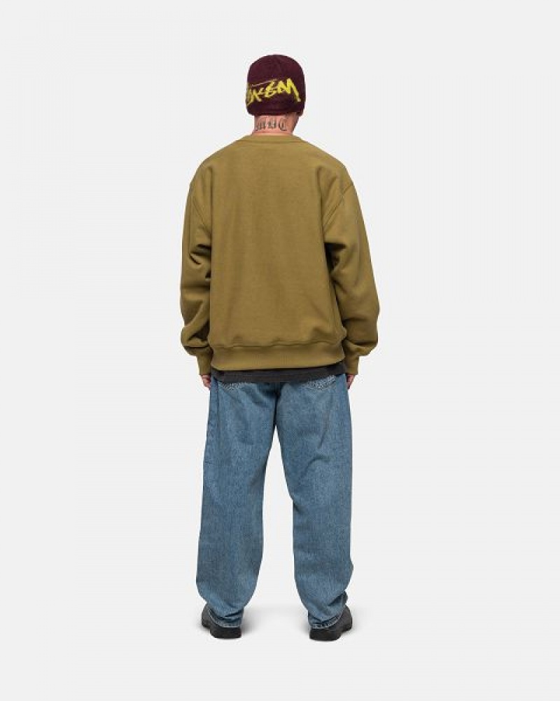 Olive Stussy Stock Logo Crew Sweatshirts | 2071YLEFO