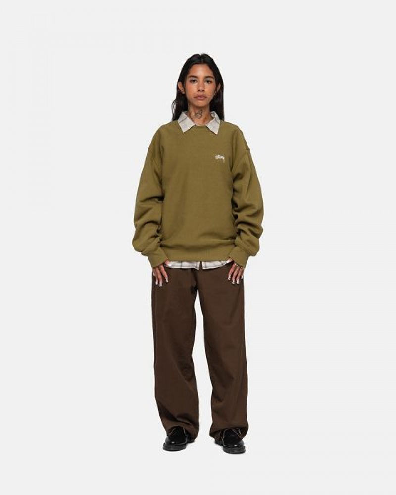 Olive Stussy Stock Logo Crew Sweatshirts | 2071YLEFO