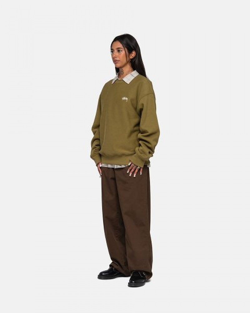 Olive Stussy Stock Logo Crew Sweatshirts | 2071YLEFO