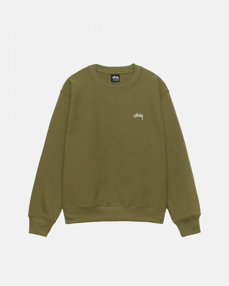 Olive Stussy Stock Logo Crew Sweatshirts | 2071YLEFO