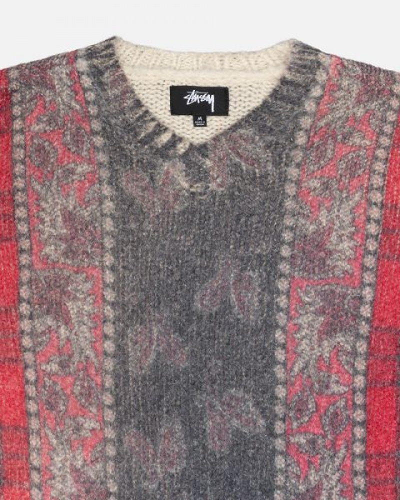 Red / Grey Stussy Mixed Print Alpaca Sweaters | 7523HUCTG