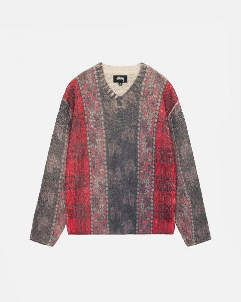 Red / Grey Stussy Mixed Print Alpaca Sweaters | 7523HUCTG