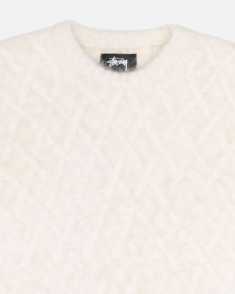 White Stussy Fuzzy Lattice Crew Sweaters | 1984KQTUG