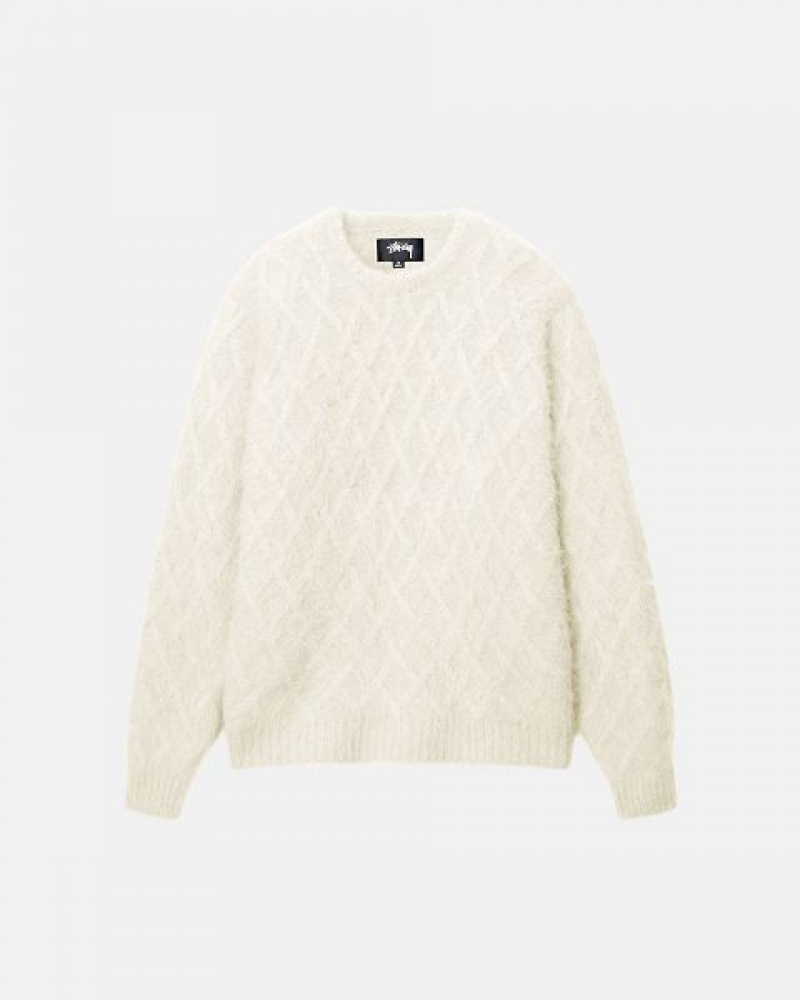 White Stussy Fuzzy Lattice Crew Sweaters | 1984KQTUG