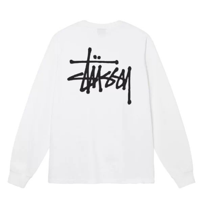 White / Black Stussy Basic Ls Sweatshirts | 7269MRSOK